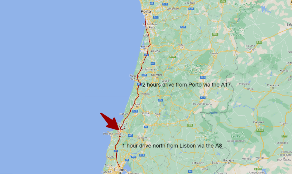Map showing &Oacute;bidos north of Lisbon
